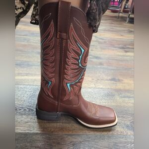 Ariat Brown Leather Western Boots with Turquoise & Red Embroidery